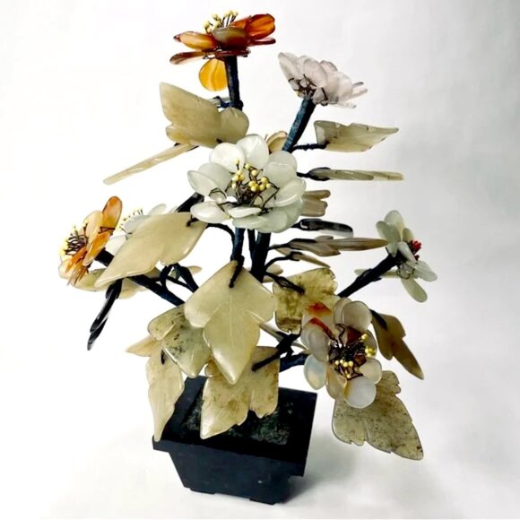 Vintage Chinese Hardstone Jade Quartz Stone Bonsai Tree Floral Sculpture Planter - Picture 1 of 16